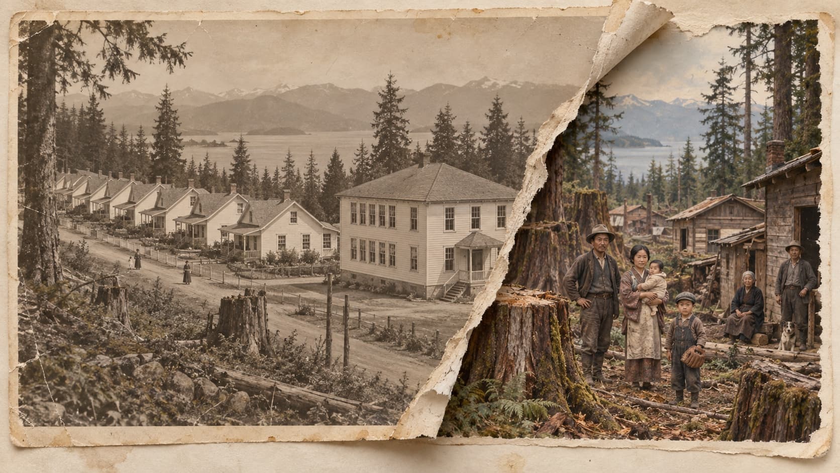 A collage in which a sepia photograph of a row of company houses and a two-story schoolhouse is torn back to reveal an older hand-colored scene of a Japanese family among cedar stumps and hand-built cabins.
