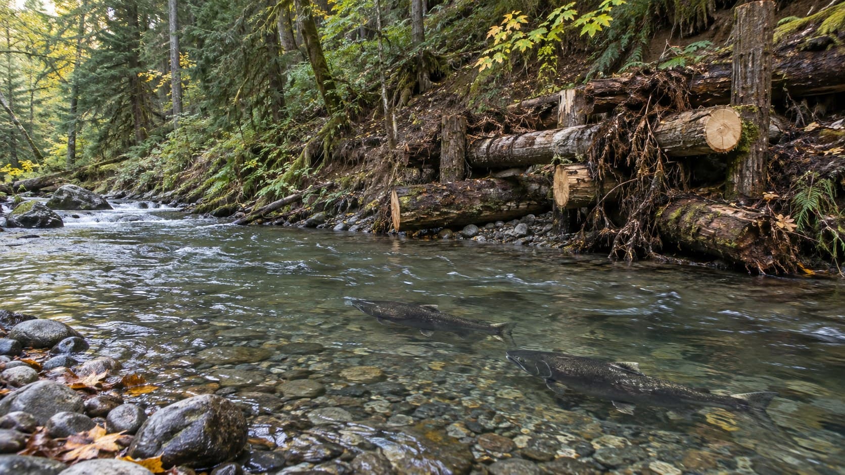 Rendering of Boise Creek in October: two Chinook salmon holding over gravel below an engineered logjam on a forested bank