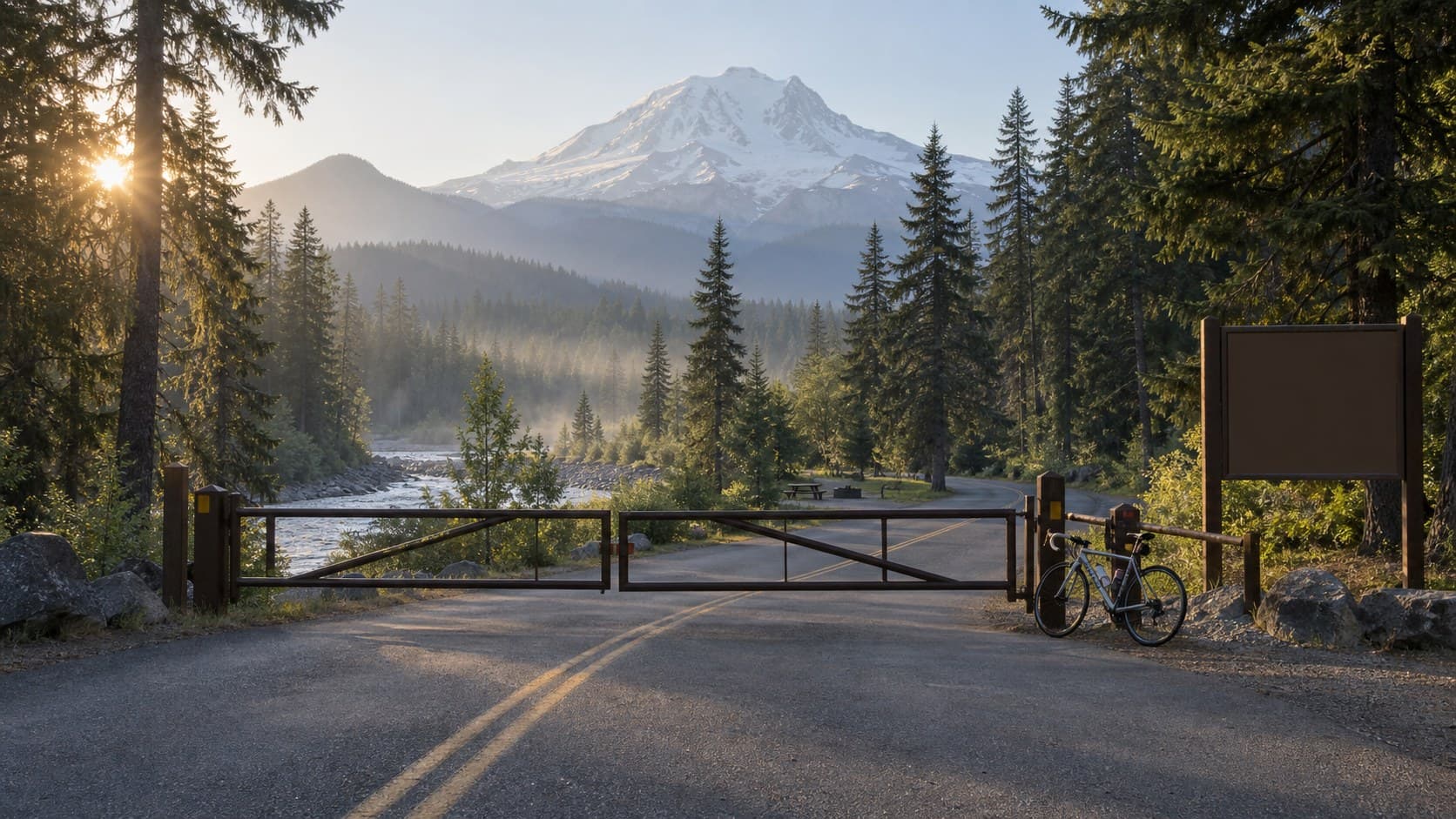 Rendering of the Sunrise Road gate closed at the White River Campground junction, a bicycle leaning on the post and Mount Rainier above the trees