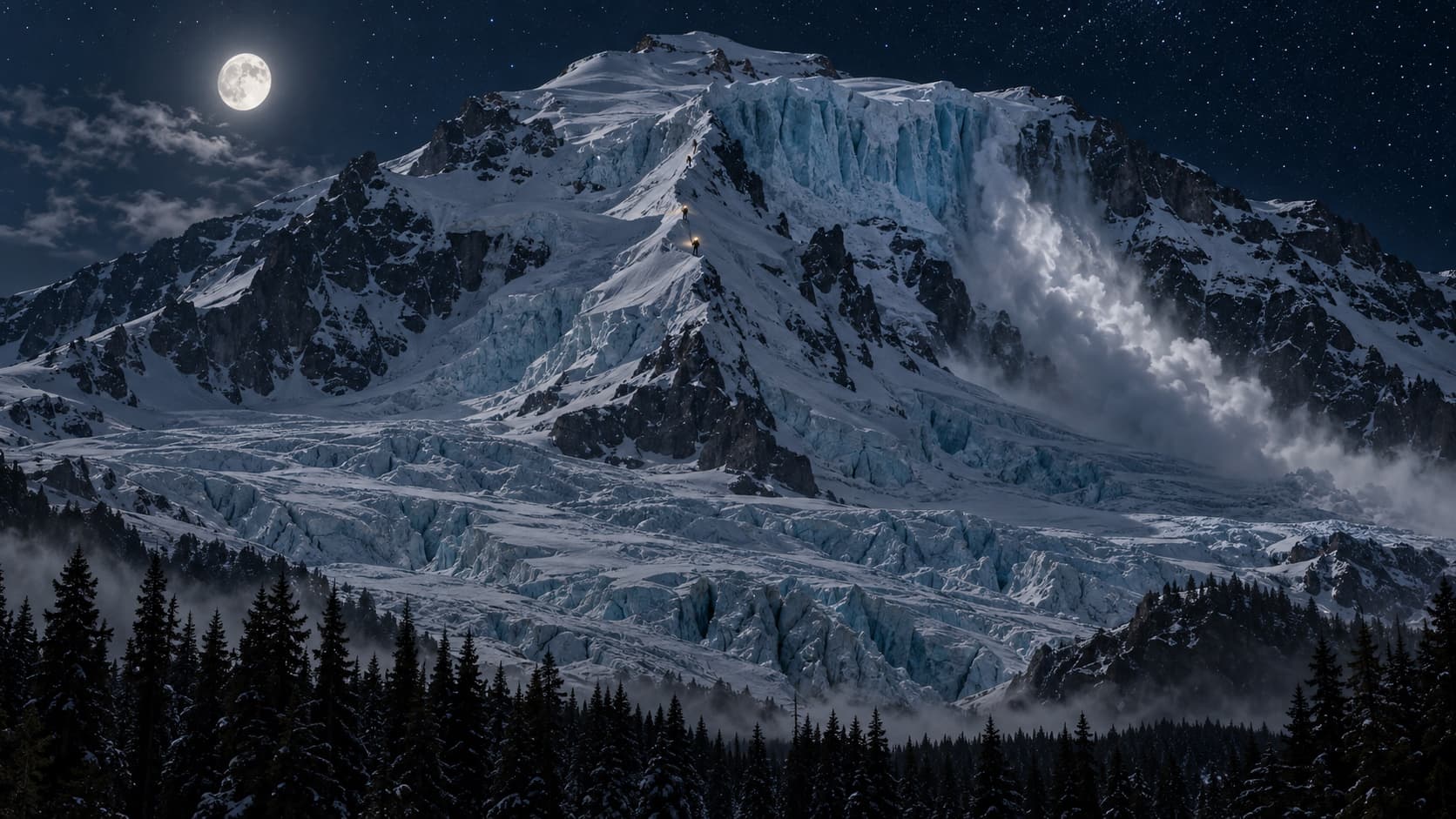 A moonlit view of a great glaciated mountain face, a towering ice cliff with an avalanche falling, and a line of tiny headlamps climbing the ridge up its center.