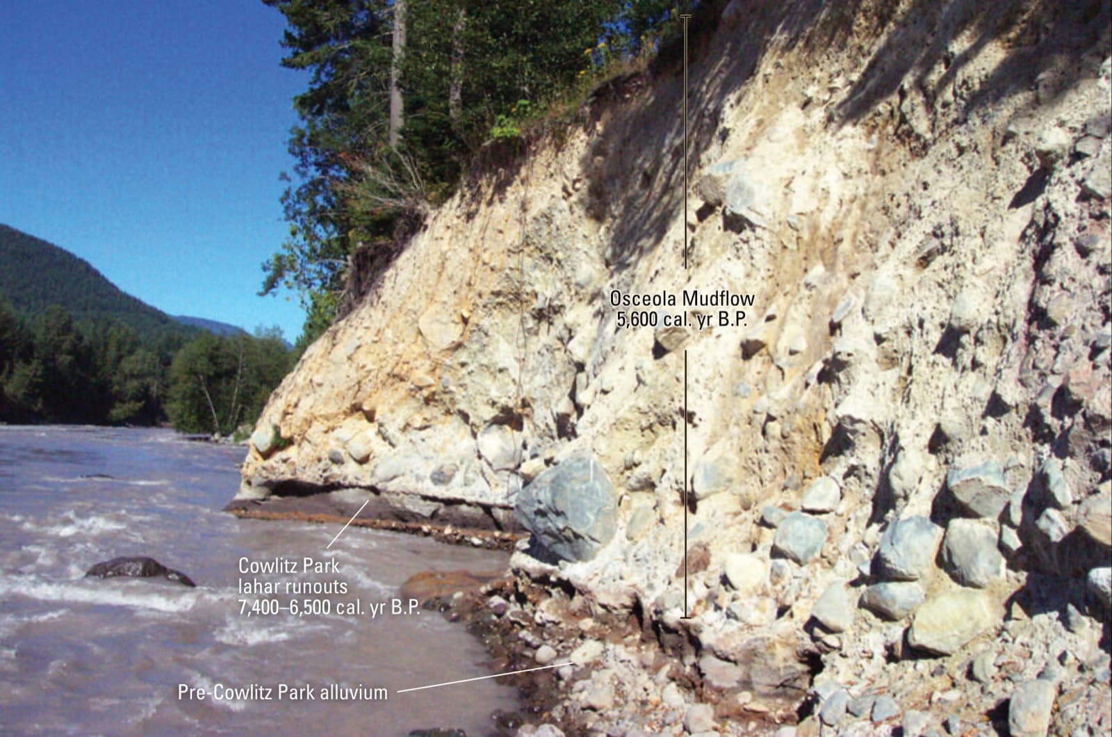 An Osceola Mudflow deposit along the White River near Greenwater, about 26 feet thick