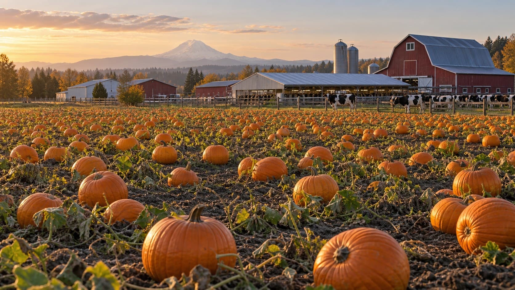 A rendering of a pumpkin patch on a dairy farm on the Enumclaw plateau at sunset, with barns, Holstein cows and Mount Rainier behind