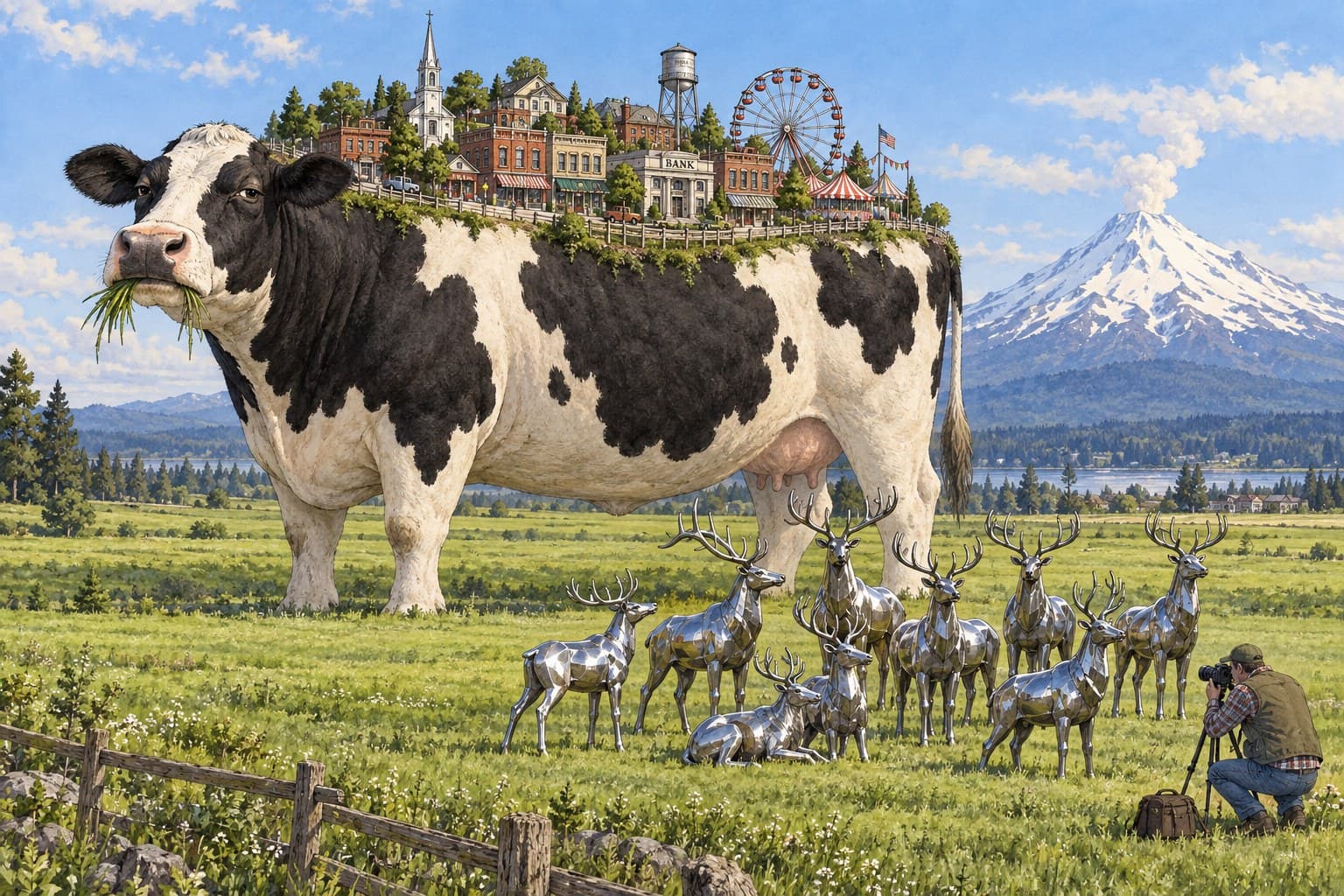 Cartoon of a giant Holstein cow carrying a small town on her back in a pasture below Mount Rainier, with nine steel elk posing for a photographer