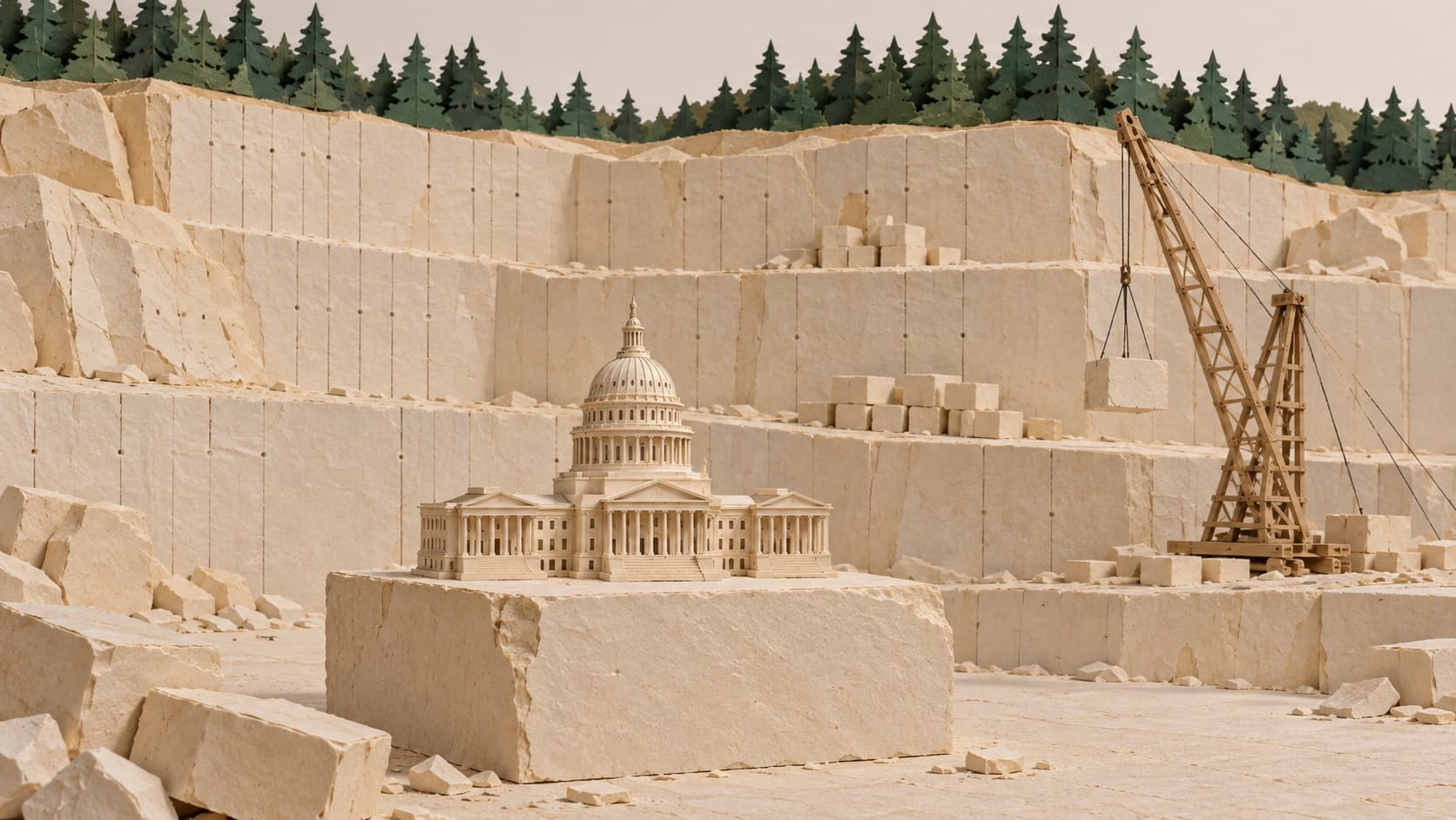 A cut-paper diorama of a pale sandstone quarry face with a small paper capitol dome resting on a freshly cut block in the foreground.