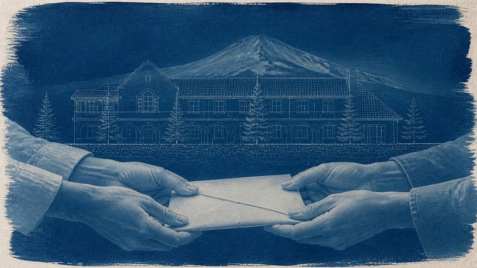 A cyanotype-style illustration in deep Prussian blue: the pale silhouettes of two pairs of adult hands holding a folded letter, laid over the faint white lines of a 1930s architectural drawing of a two-story tile-roofed building with an arched covered walkway, with the outline of Mount Rainier behind.