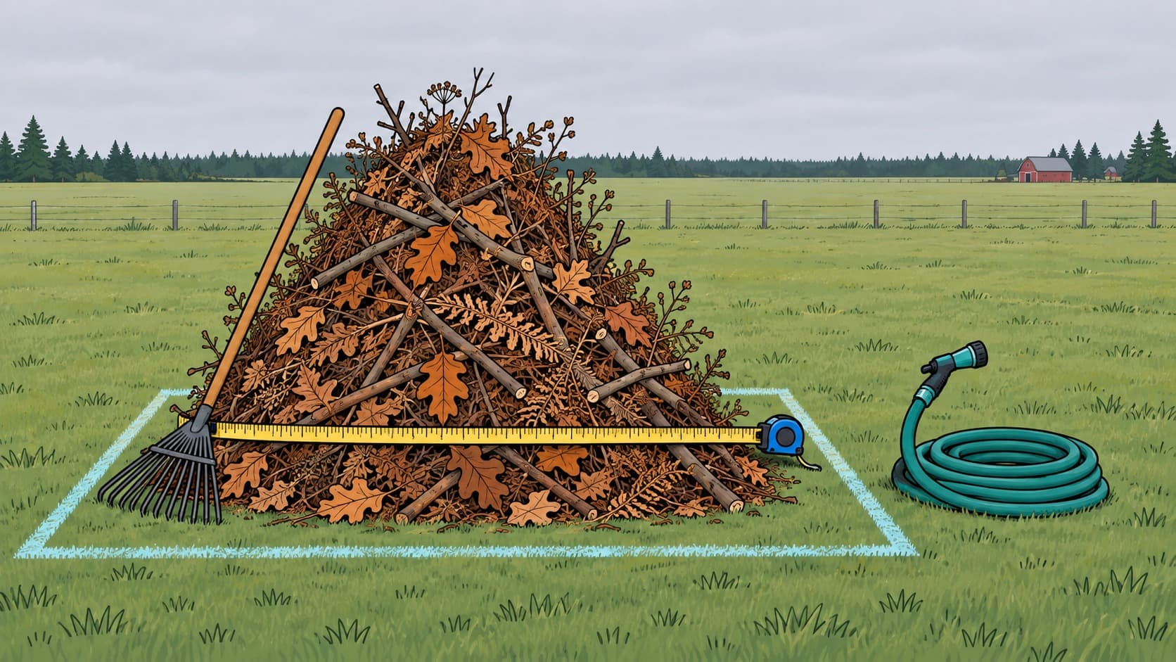 A legal burn pile of cut branches standing in a mown corner of a rural field on the Enumclaw plateau