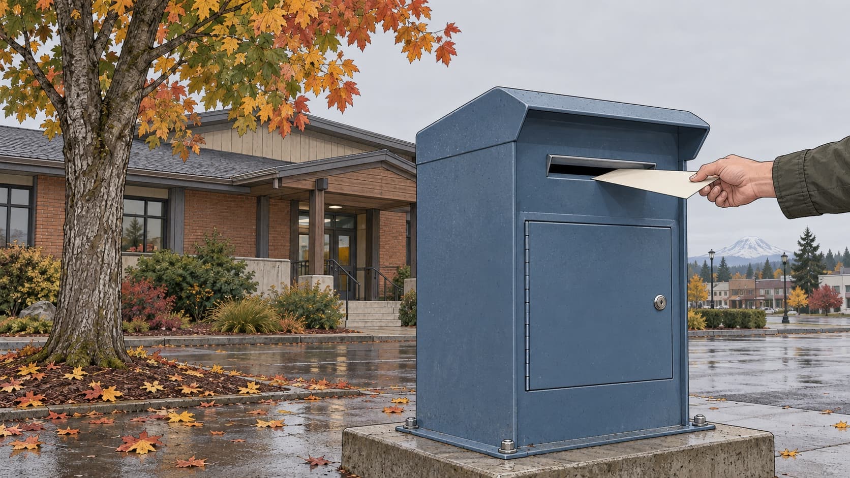 An official ballot drop box outside a civic building in Enumclaw with an envelope going into the slot.