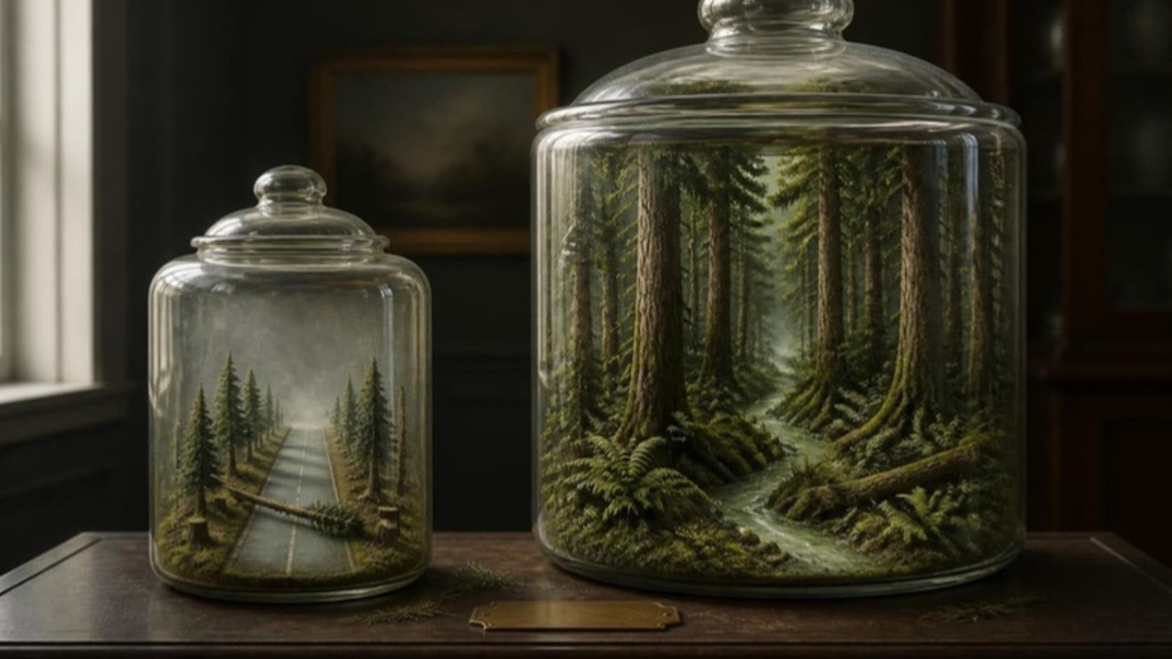 Two glass terrariums on a table: a small one holding a strip of 1930s highway between a thin row of topped firs, and a much larger one holding a dense old-growth forest with a pale green river.