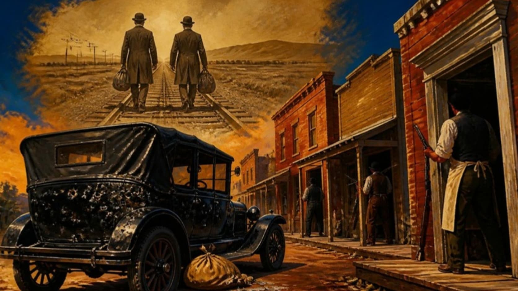 A 1920s pulp-magazine cover painting of a small-town main street at golden hour: shopkeepers with shotguns in doorways around a bullet-holed black touring car, while above them, painted like a faded memory in the sky, two men in 1890s frock coats walk away down railroad tracks carrying bulging carpetbags.