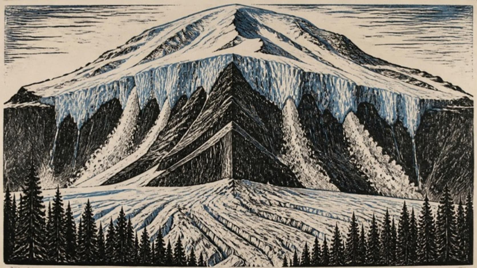 A linocut print of the north face of a great glaciated volcano, a sheer dark cliff under a band of hanging ice, a sharp ridge rising up the middle, and a broad glacier flowing down into dark forest, in black ink with a single glacial blue accent on cream paper.