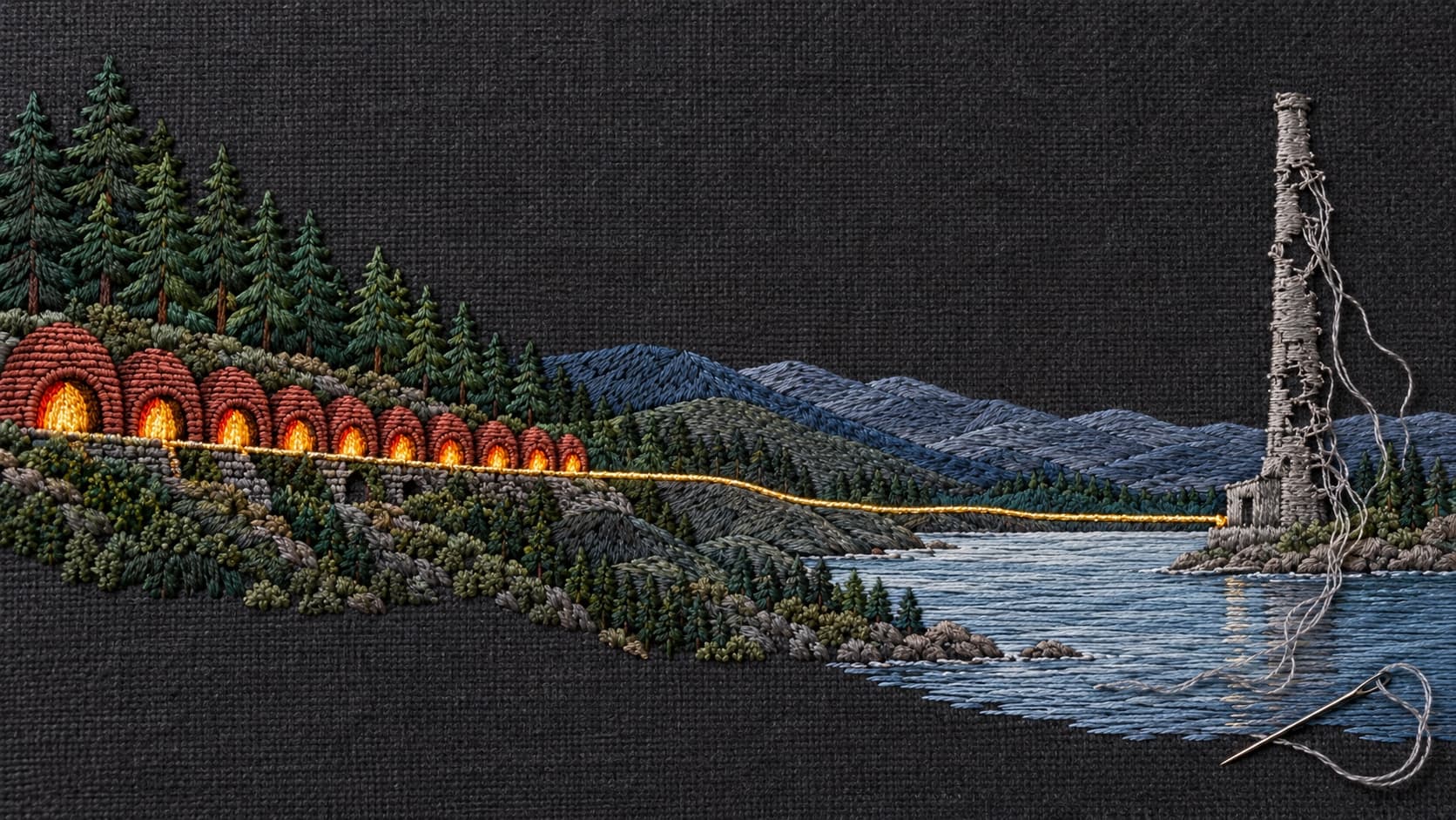 A hand-embroidered panel on dark wool: a row of glowing orange stitched beehive ovens under fir trees on the left, a single gold thread running across the cloth to a tall grey smokestack on a bay at the right, the smokestack's stitches coming loose and hanging as threads.