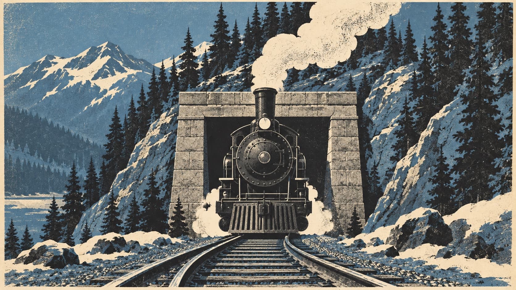 A screen-print poster of a black steam locomotive emerging from a stone tunnel portal in a mountainside, smoke curling up, firs on the slope, in charcoal, slate blue and cream inks.