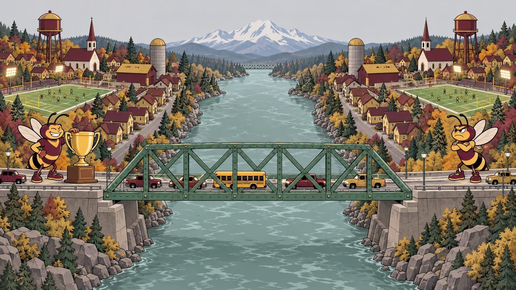 Two mirror image towns either side of the White River, the trophy back on the Enumclaw bank