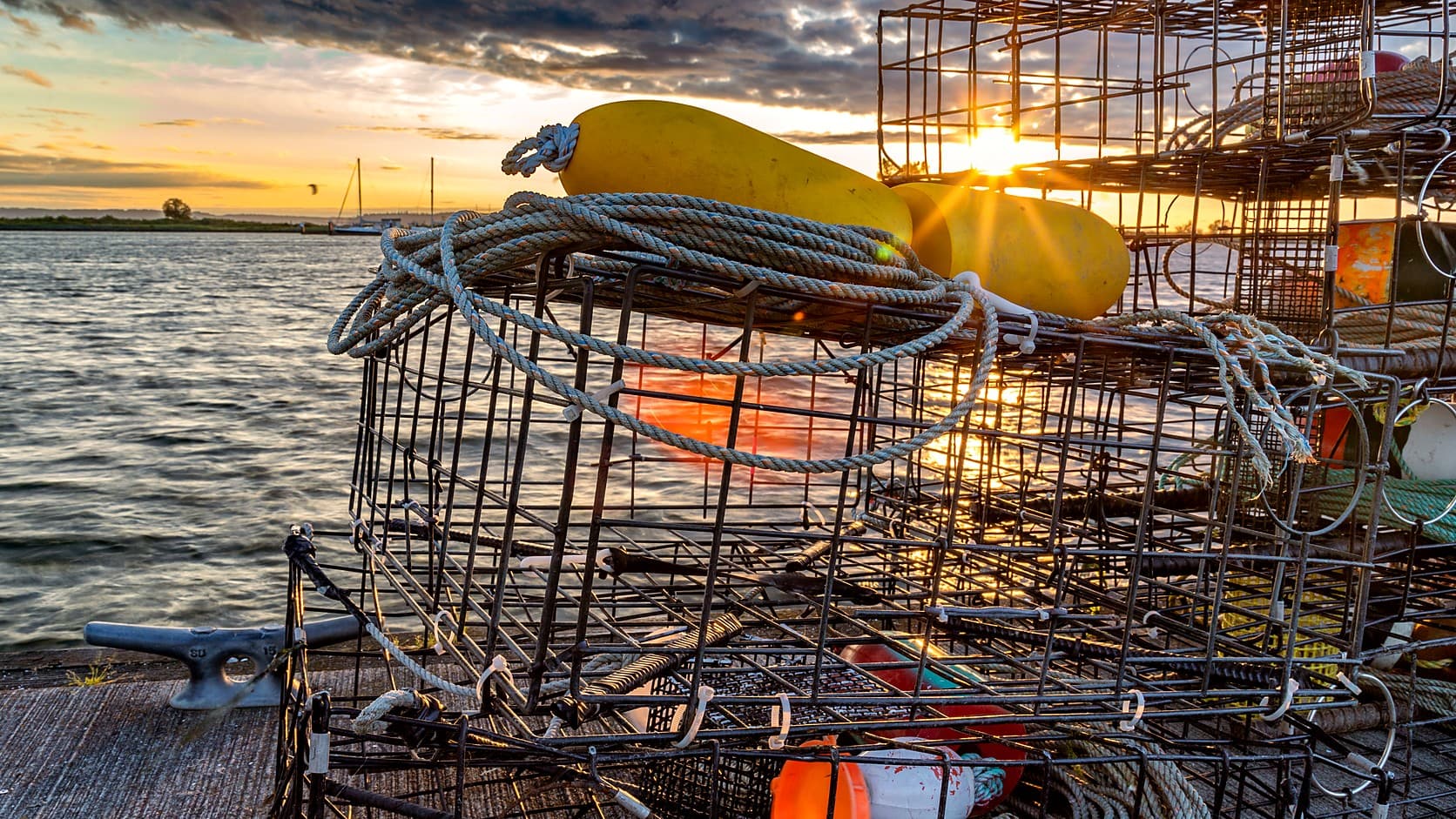 Stacked wire crab pots on a dock at sunset, topped with coiled rope and yellow buoys, with the low sun flaring through the wire and a far shore across the water.