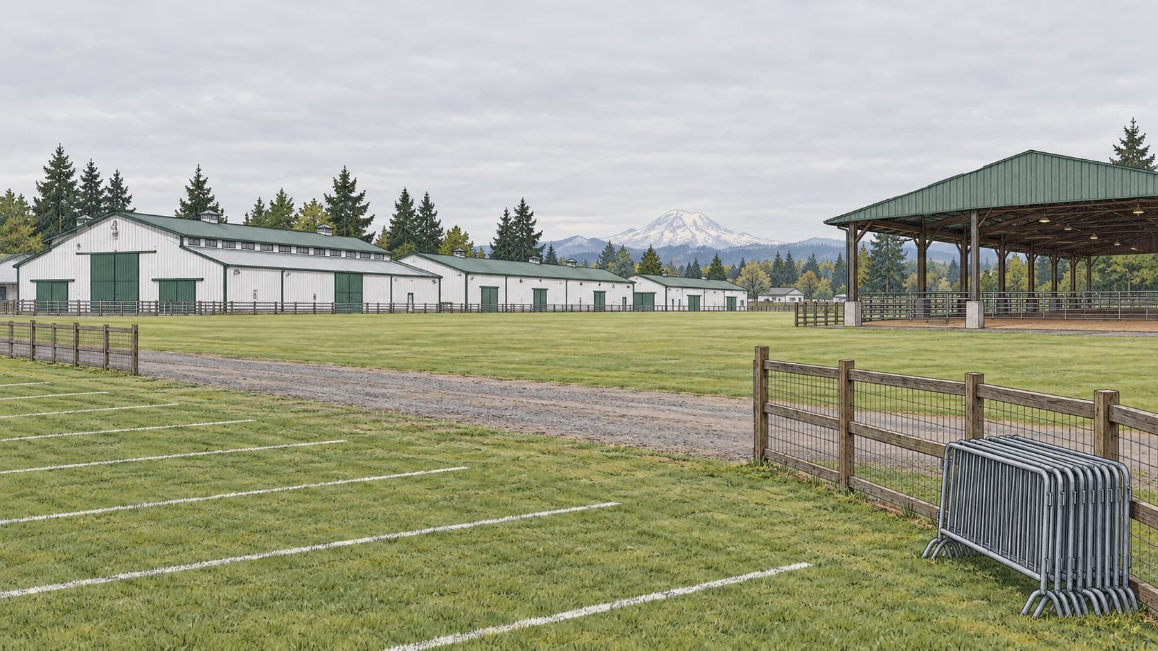 The empty barns and grass midway of the Enumclaw Expo Center out of season, with Mount Rainier behind.