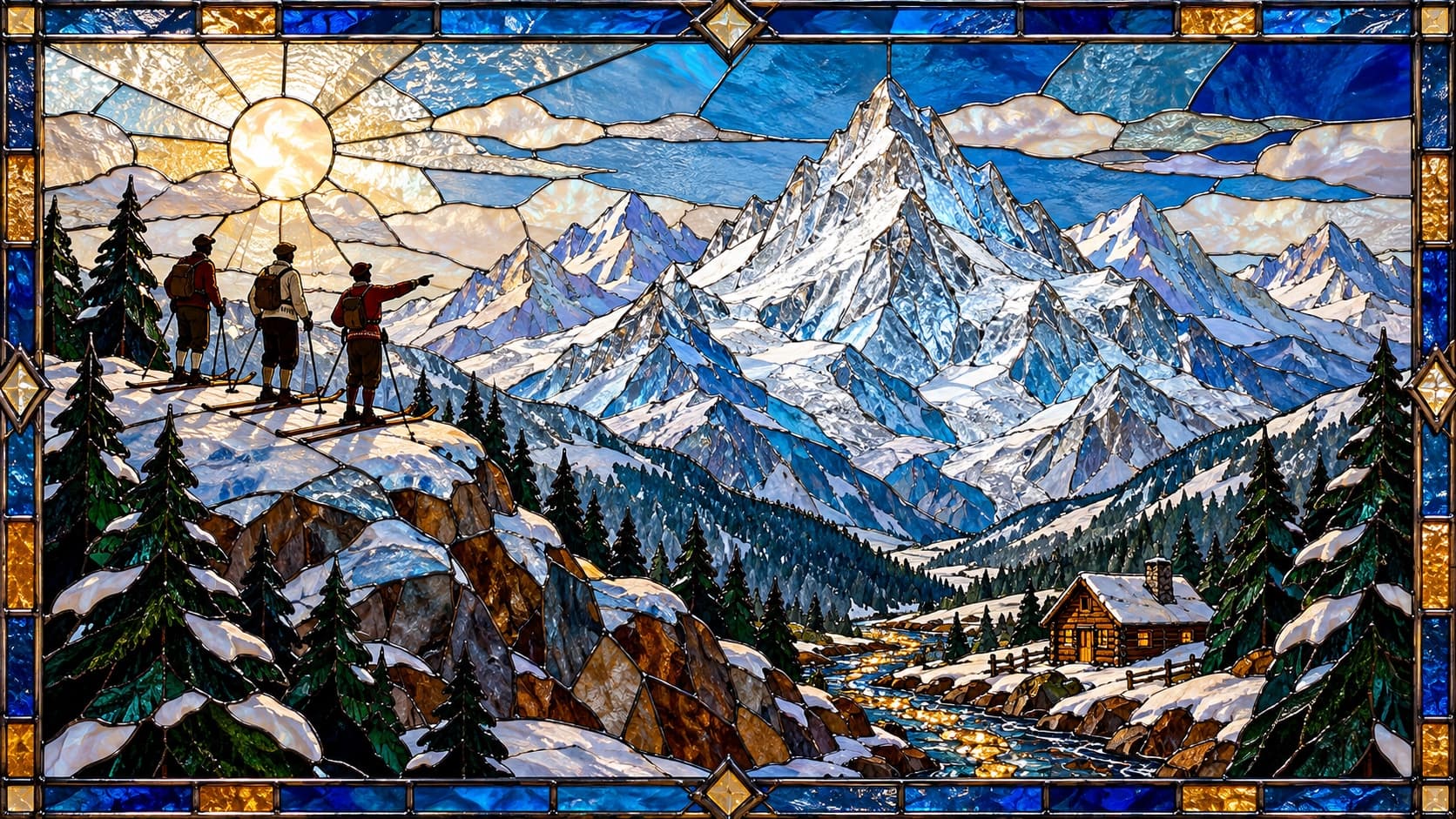 A stained-glass window of a snowy peak made of clear crystal glass with silver-leaded ridges, a small miners' cabin and a gold-flecked creek at its foot, and three skiers on a near ridge looking across the valley at it.