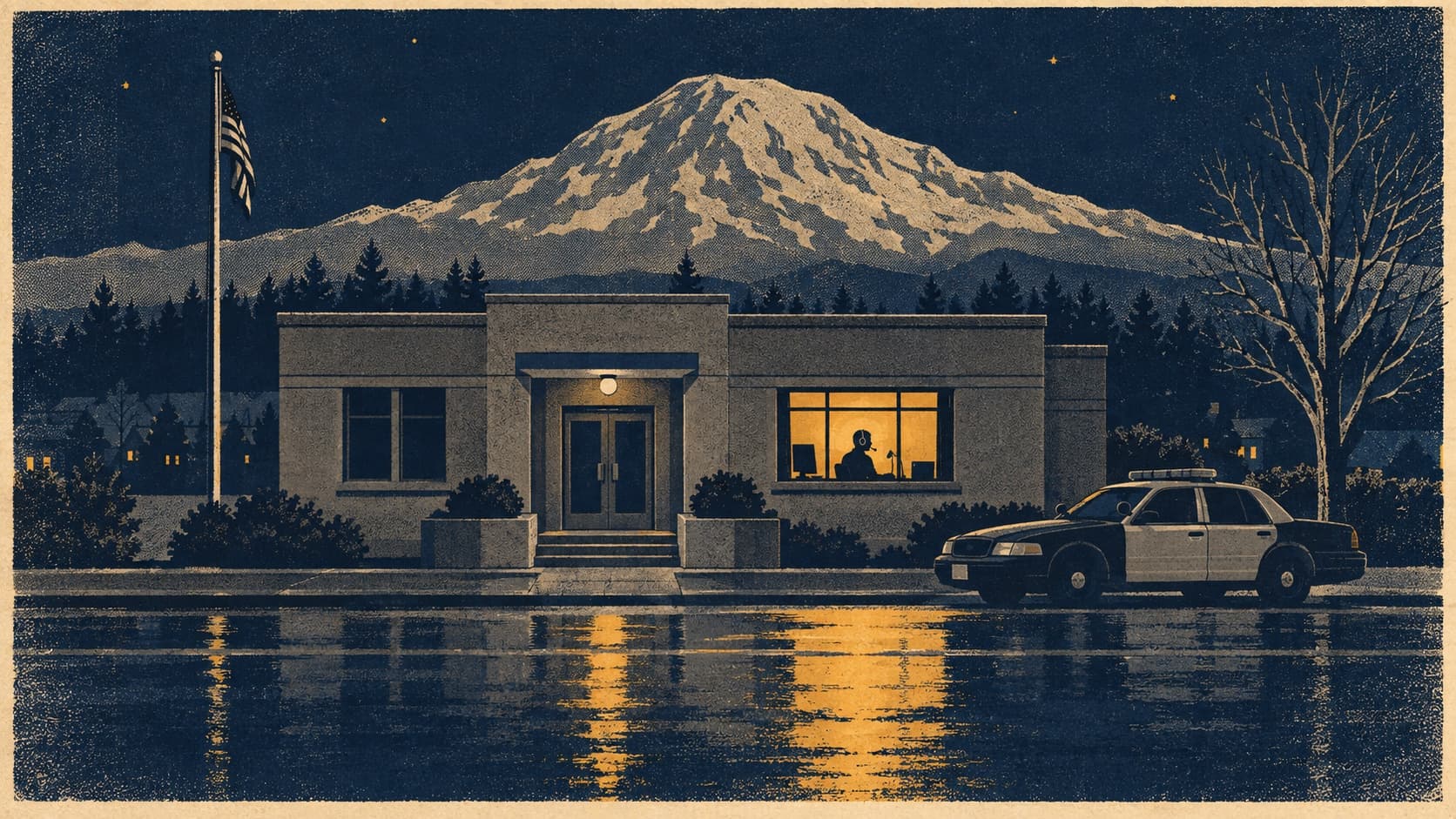 A screen-print poster of a small police station at night with one lit window, a patrol car at the curb, and a faint mountain behind, in navy, amber and cream inks.