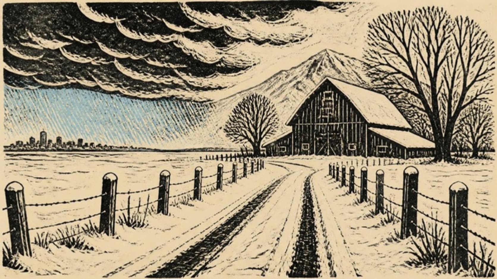 A linocut print of a snowy plateau farm road with a gabled barn and bare trees under a heavy sky, a faint rain-streaked city skyline far in the distance, in black ink with a single icy blue accent on cream paper.
