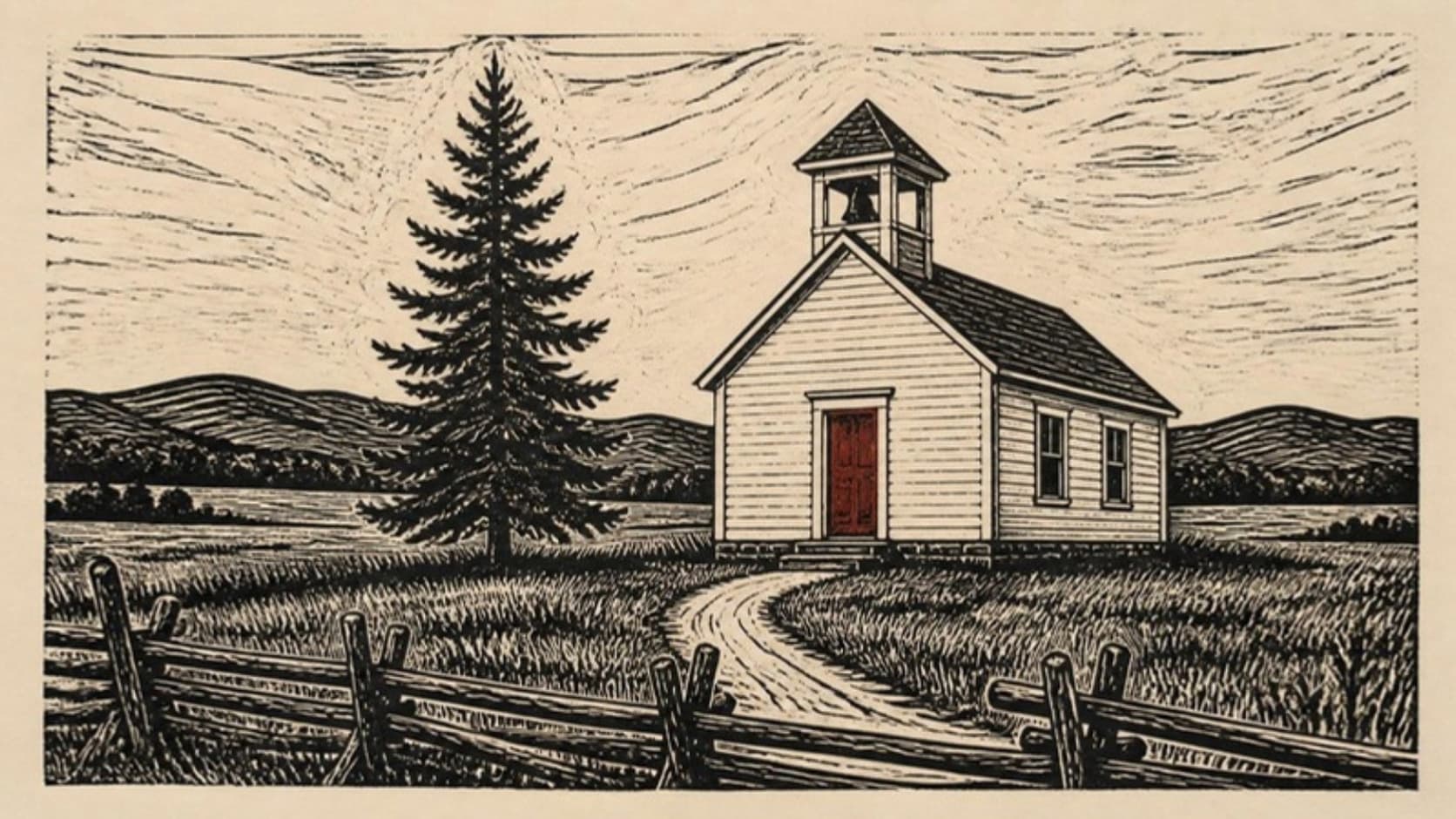 A linocut print of a small one-room schoolhouse with a bell tower in an open field, a split-rail fence, a lone fir and a footpath to the door, in black ink with a single barn-red accent on cream paper.
