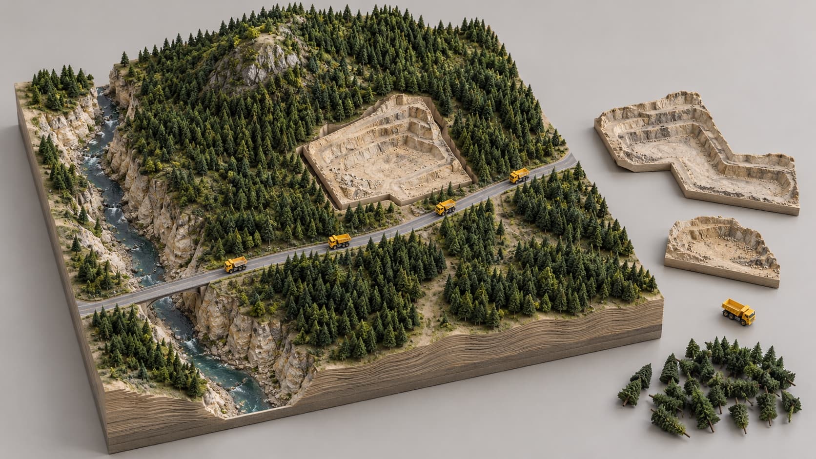 An illustration of an isometric tabletop scale model: forested hills beside a small river gorge, a pale excavated terrace set among the trees as a removable piece, four toy dump trucks on a thin road, and two alternate terrace pieces, a spare truck and a heap of loose model trees waiting on the table beside it.