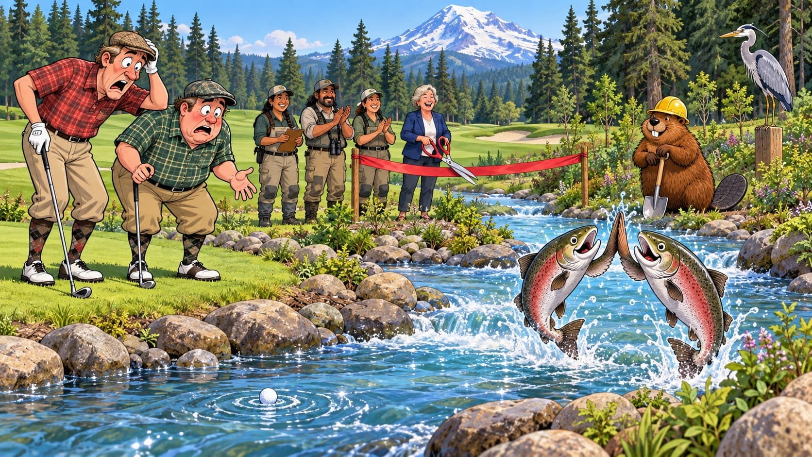 A cartoon of salmon leaping in a new creek channel beside a golf course while golfers watch their ball float away.