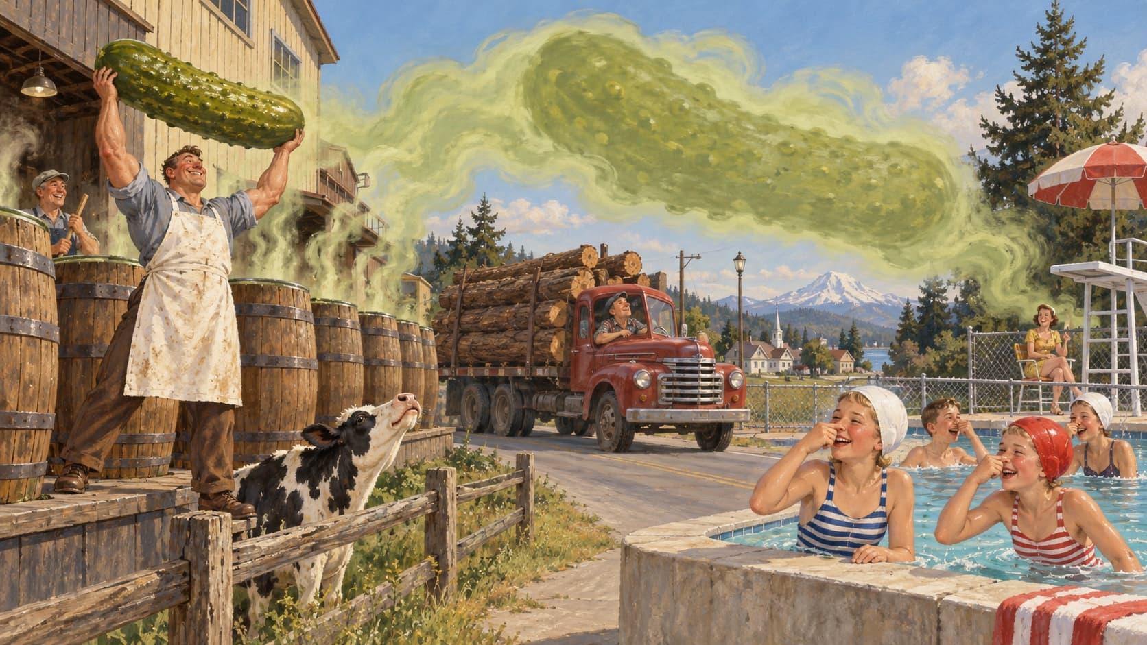 A cartoon of a pickle factory on a highway corner with a cloud of dill drifting across a small town toward a swimming pool.
