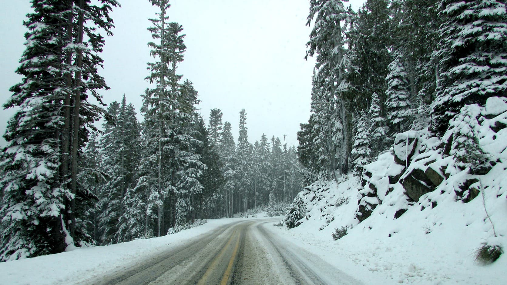 A two-lane mountain highway under fresh snow, marked by tire tracks and a double yellow centerline, curves between snow-laden evergreens and a rocky bank under a gray sky.