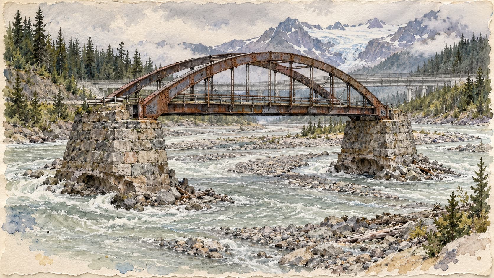 A watercolor and ink field sketch on cream paper of a 1930s steel arch road bridge whose stone-faced supports stand in a braided glacial creek, the milky water curling around and undercutting the stone, with a longer, paler bridge sketched from bank to bank behind it.