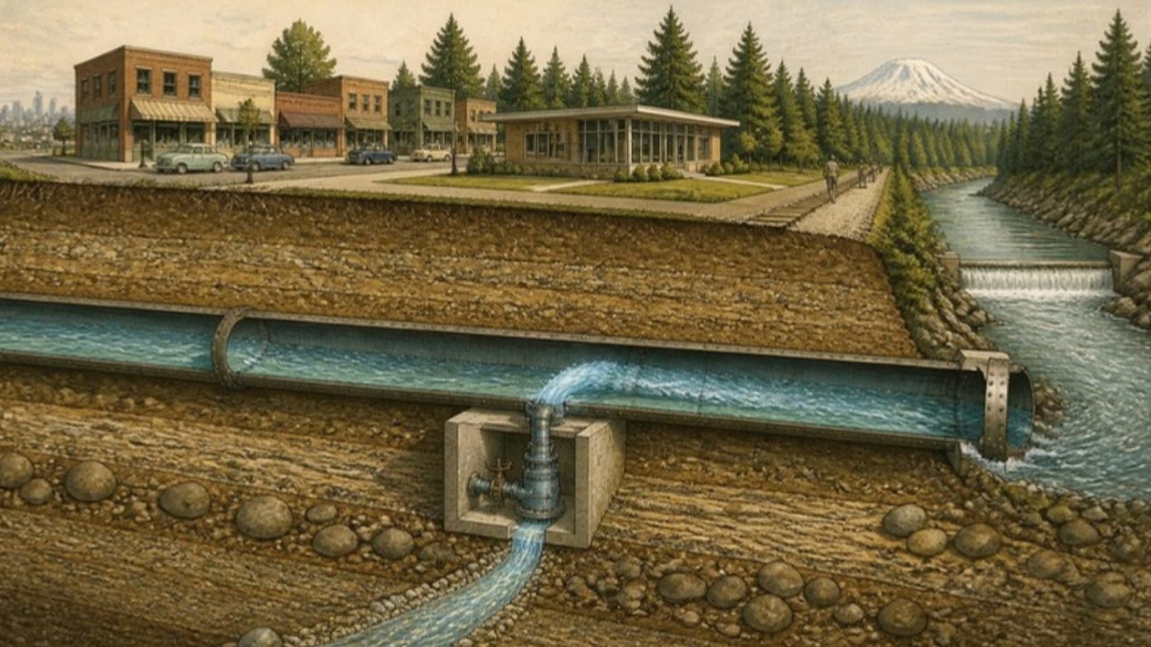 A cutaway view of the ground beneath a small foothills town, showing a large old water main running under a street and a railroad trail, with river water flowing through it toward a distant city and a small valve vault tapped into it, with a thin stream of clear water running from the connection.