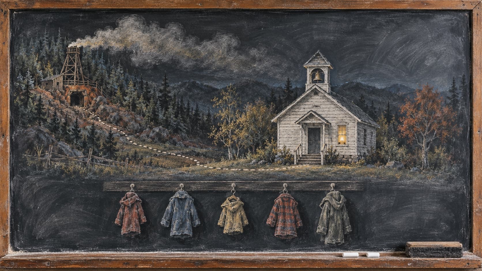 A chalk pastel drawing on a dark slate schoolroom blackboard in a wooden frame: a small white schoolhouse with a bell tower and one lit window in the middle, a coal mine headframe with a plume of smoke at the far left, and a row of coat hooks holding five small coats along the bottom above the chalk tray.
