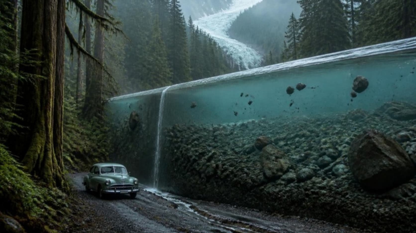 A surreal rainforest scene in which an old gravel road with a parked 1950s car runs beside a glacial river shown in cross-section like an aquarium, its rocky bed and milky water standing higher than the car's roof, with a trickle spilling onto the road.