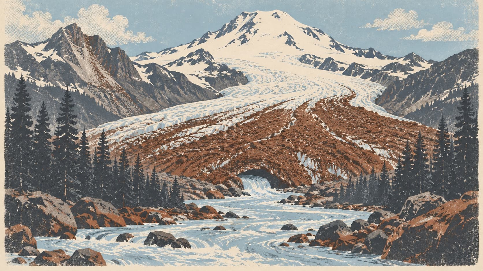 A screen-print poster of a glacier tongue blanketed in dark rock at the foot of a white volcano, a pale milky river pouring from its snout down a valley of flat-ink firs, in slate, chalk white and rust.