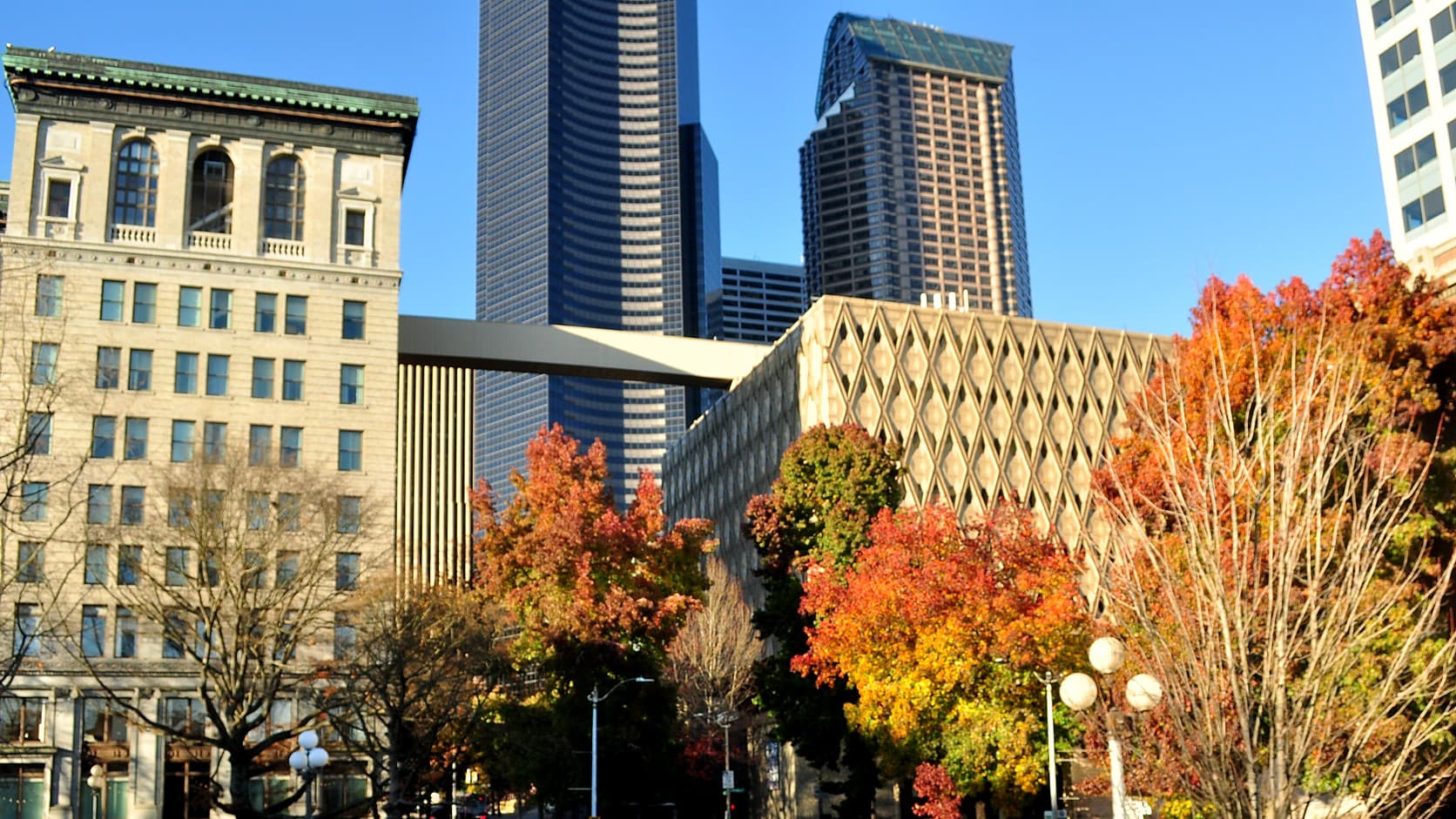 A stone office building with a green copper cornice stands beside a pale, diamond-patterned building, with red, orange and yellow autumn trees in front and glass towers rising behind under a clear blue sky.