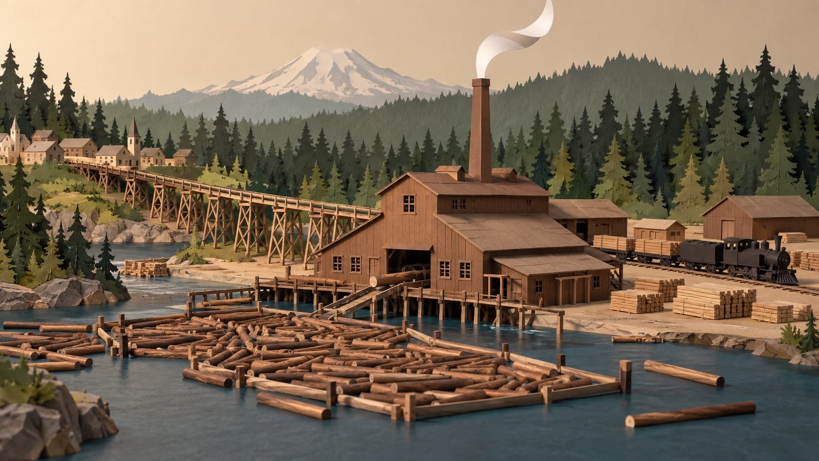 A cut-paper diorama of a large sawmill with a log pond, a flume on trestles and a small locomotive, with forest and a mountain behind.
