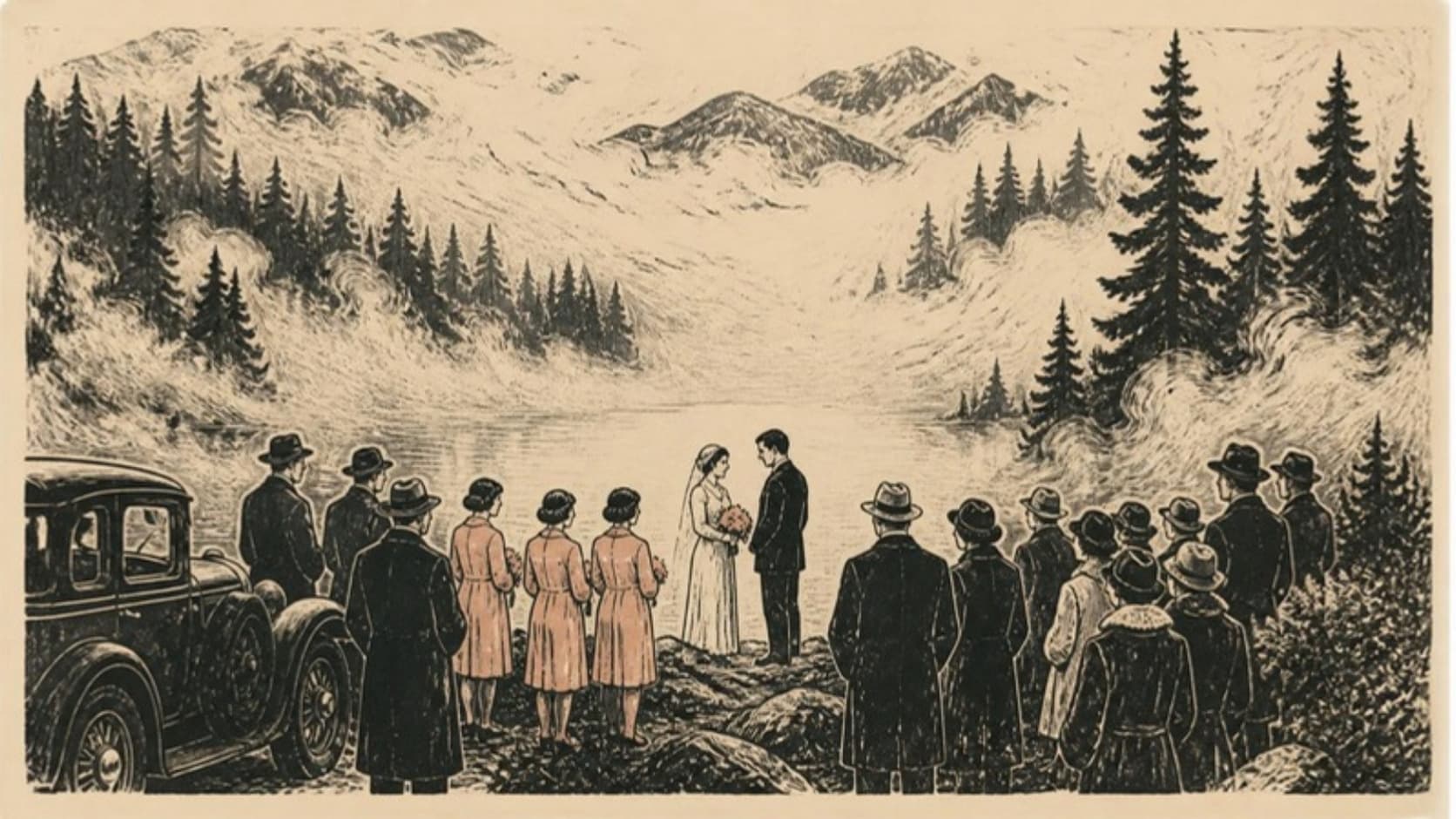 A linocut print of a crowd in 1930s coats gathered beside a small mountain lake in dense fog, a bride in a pale gown at the center, fir silhouettes fading into the mist, in black ink with a single soft peach accent on cream paper.