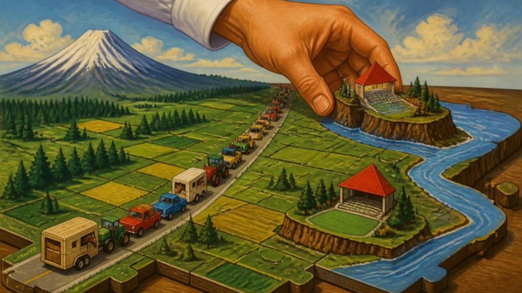 A painted board game scene in which a long column of tiny toy tractors crawls along a two-lane road across green farmland toward a small amphitheatre with a red triangular roof, while a single large hand reaches in from above holding a second amphitheatre piece on a rocky bluff above a winding blue river, as if collecting both.