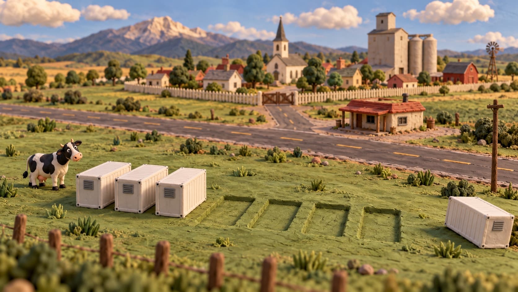 A stop-motion clay diorama of a small farm town behind a low clay fence with a closed gate, and far outside the fence, at the edge of a green pasture, a short row of white container-shaped clay boxes beside four empty rectangular imprints in the grass and one more box set apart at the edge, with a clay cow standing beside them under a painted sky.