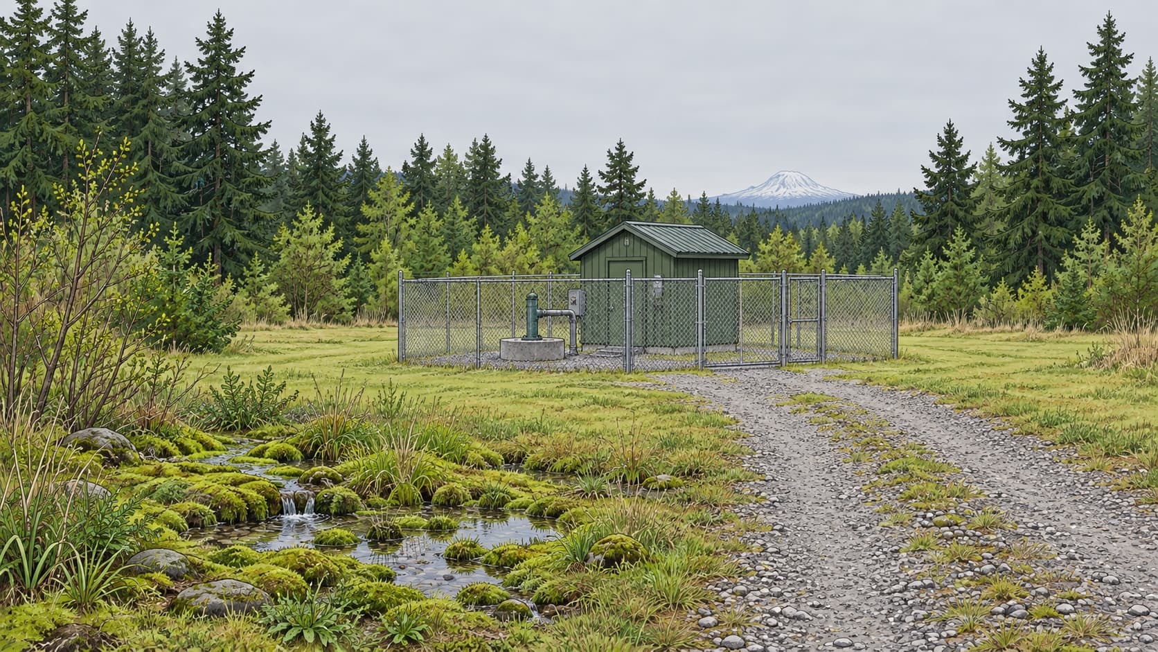 A fenced spring house and wellhead in a clearing east of Enumclaw, where the city draws its drinking water.