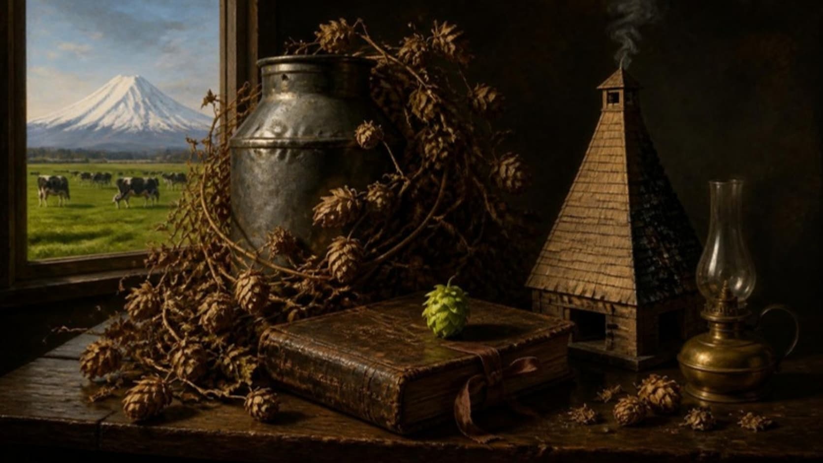 A painted still life on a dark wooden table: a coil of dried brown hop vine wound around a dented steel milk can, one fresh green hop cone resting on a closed leather ledger tied with ribbon, and a small wooden model of a pyramid-roofed hop kiln with a curl of smoke rising from its top, an unlit brass lamp beside it, with a window behind opening onto flat green pasture, grazing cows and a snow-covered volcano.