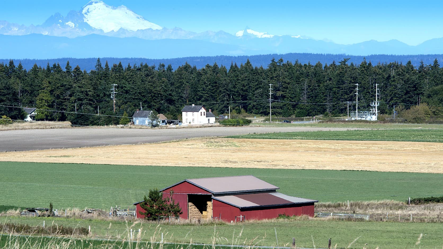 A red barn with hay stacked in its open end stands in green and tan farm fields on Whidbey Island, with a line of evergreens behind it and a snow-covered mountain range on the horizon.