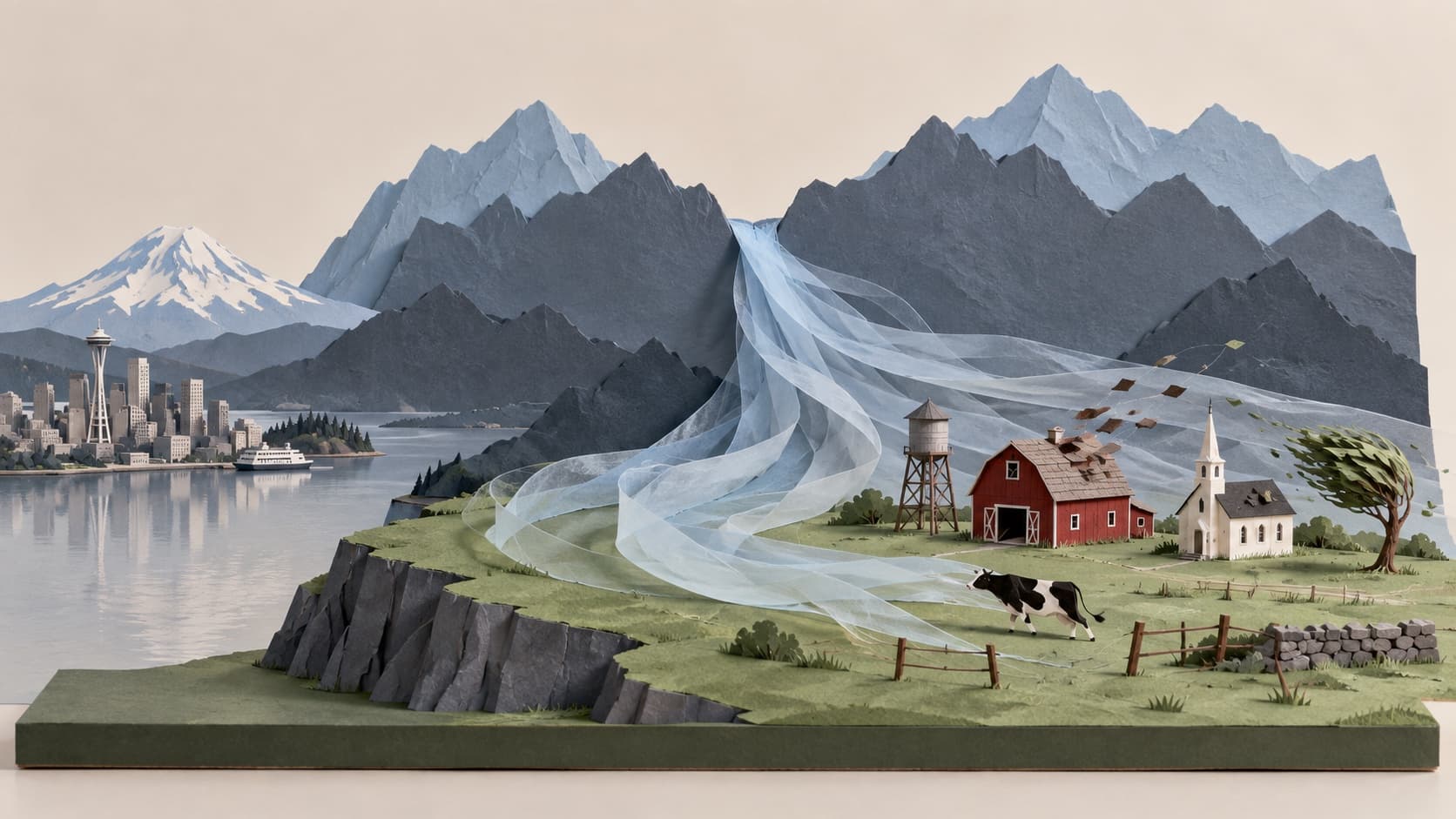 A cut-paper diorama of wind pouring through a notch in paper mountains onto a small plateau town while a paper city sits calm in the distance.