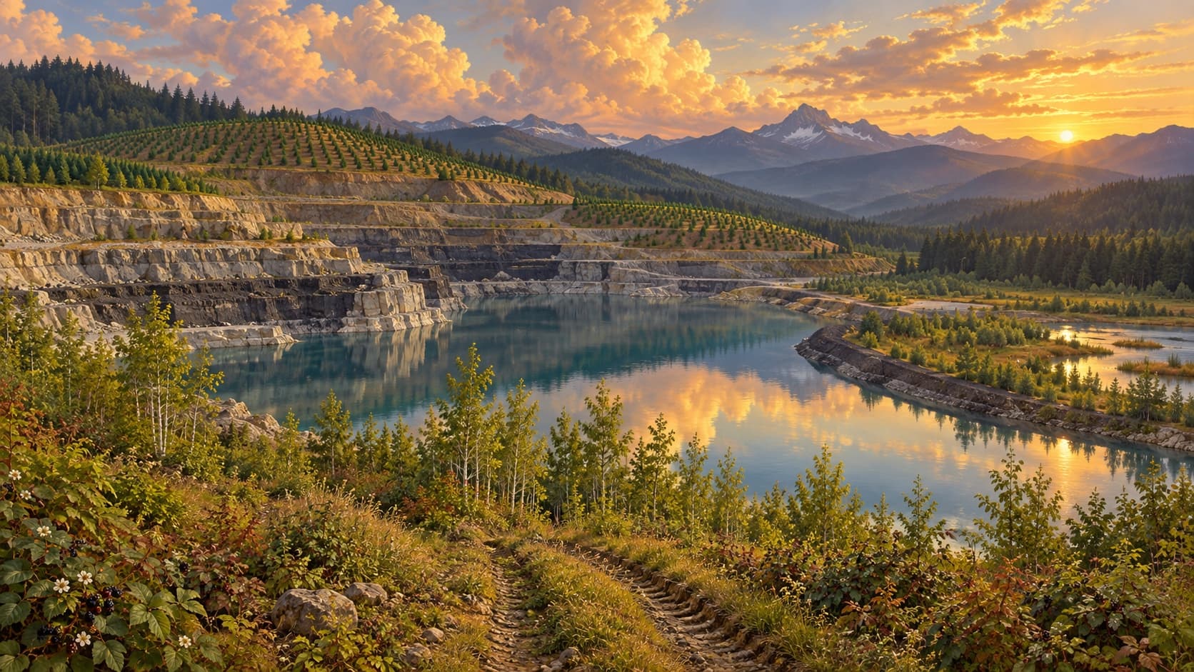 A luminous nineteenth century style landscape oil painting of a terraced open pit in forested foothills, its floor filling with still blue-green water that reflects the clouds, old machine tracks grown over with young alder at the edge, and rows of newly planted firs on the upper benches.