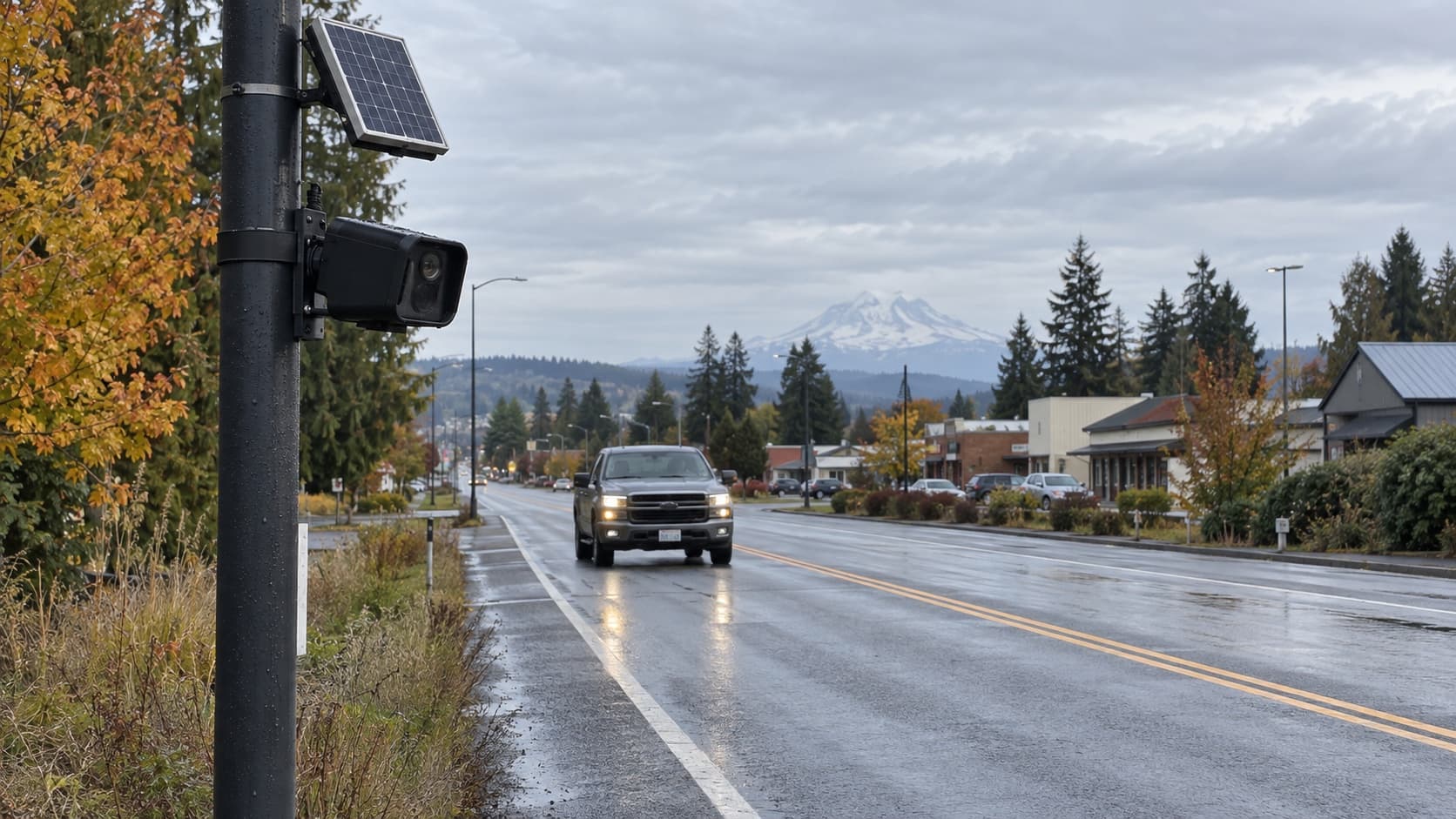 A pole-mounted license plate reader camera with a solar panel beside a wet two-lane highway entering a small town, a pickup approaching and Mount Rainier behind.