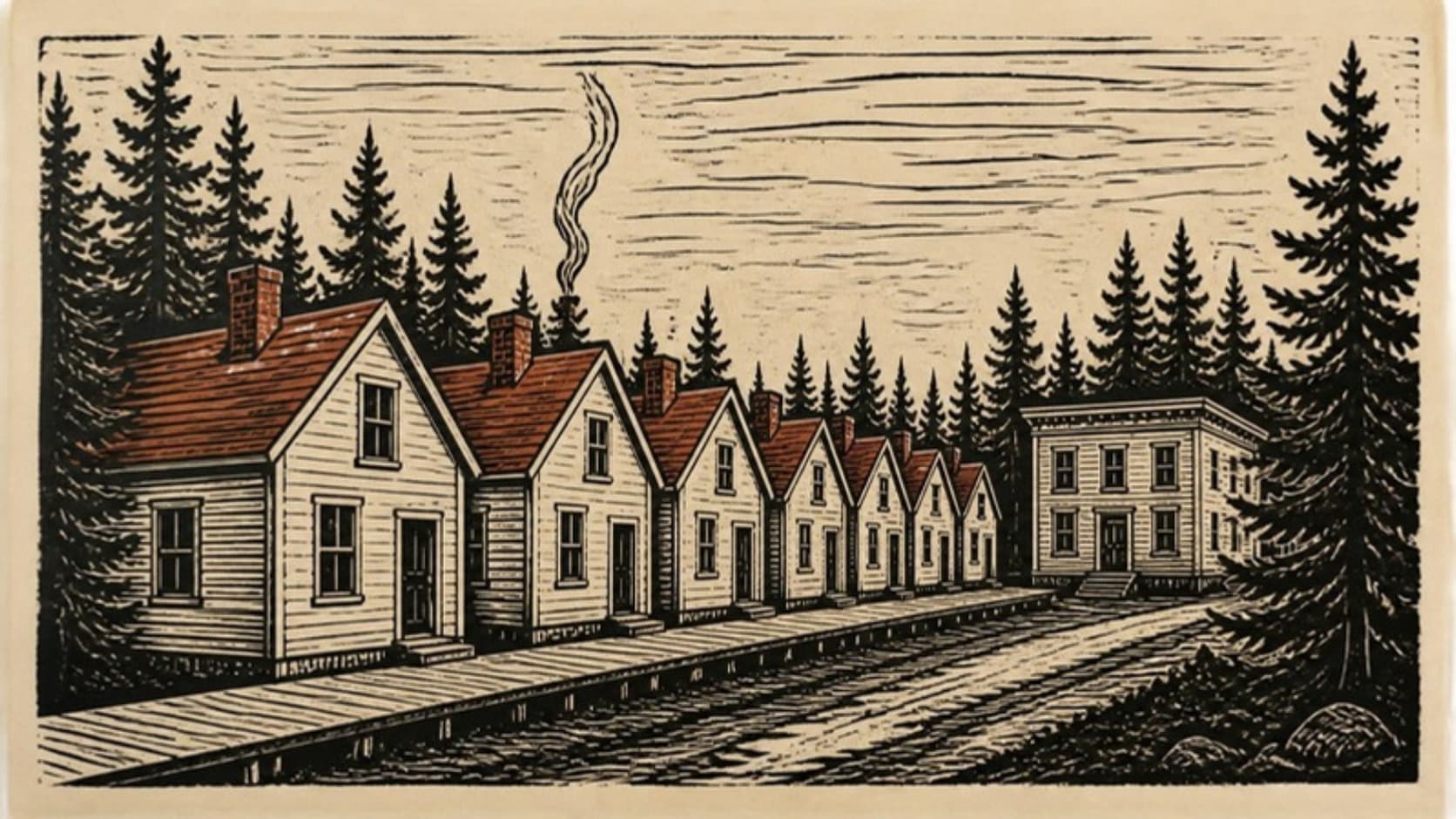 A linocut print of a row of small identical company houses beside a two-story schoolhouse, with tall firs behind and a thin wisp of smoke from one chimney, in black ink and a single rust accent on cream paper.