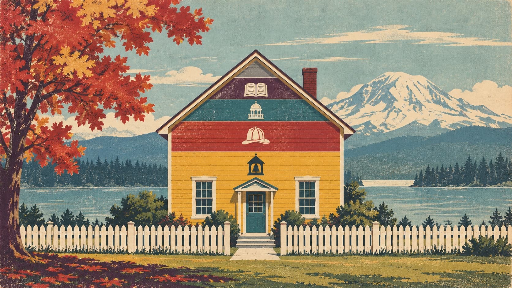 A screen-print poster of a small house whose walls are divided into flat bands of color, the largest a schoolhouse yellow, a smaller red band, a thin green one, under a paper-cut Mount Rainier.